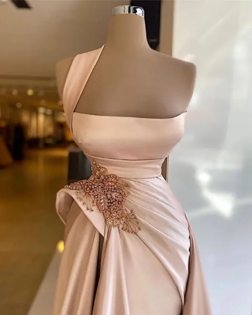 Elegant Long Champagne High Split Prom Dresses