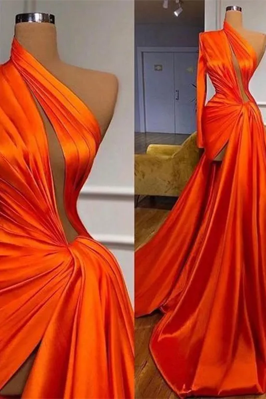 Elegant One Shoulder Long Sleeves Split Front Prom Dress
