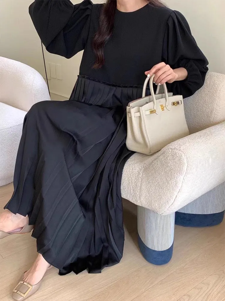 Elegant Puff Sleeve Pleated Dress