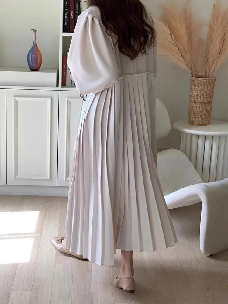 Elegant Puff Sleeve Pleated Dress