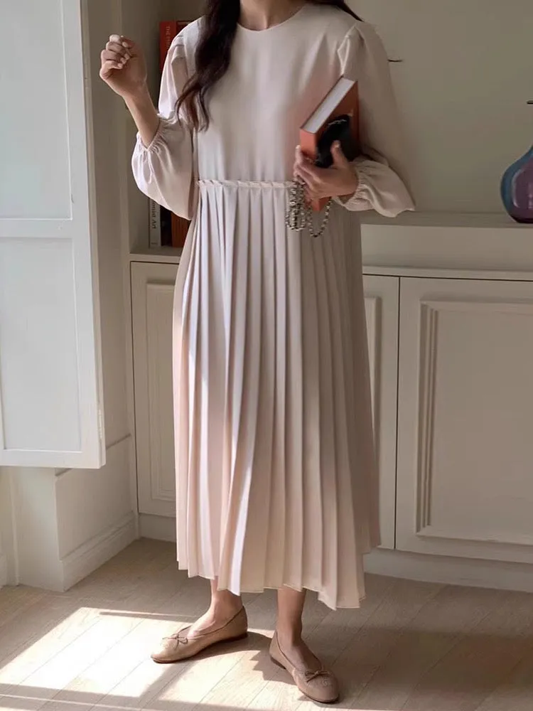 Elegant Puff Sleeve Pleated Dress