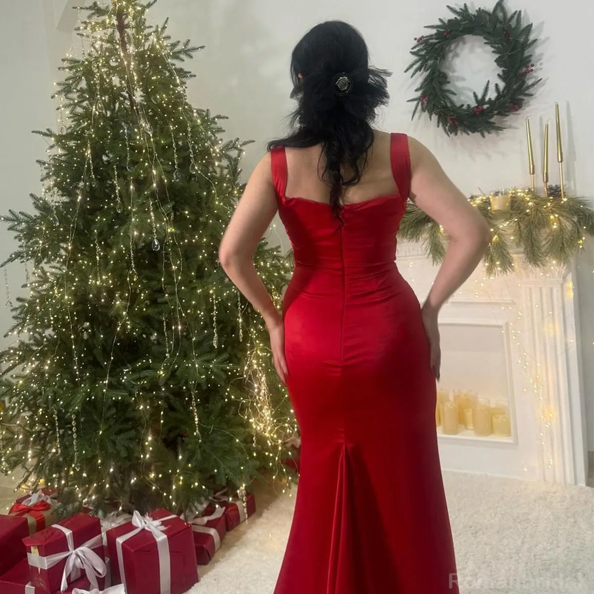 Elegant Straps Mermaid Side Slit Long Red Satin Bridesmaid Dresses Online, BG422