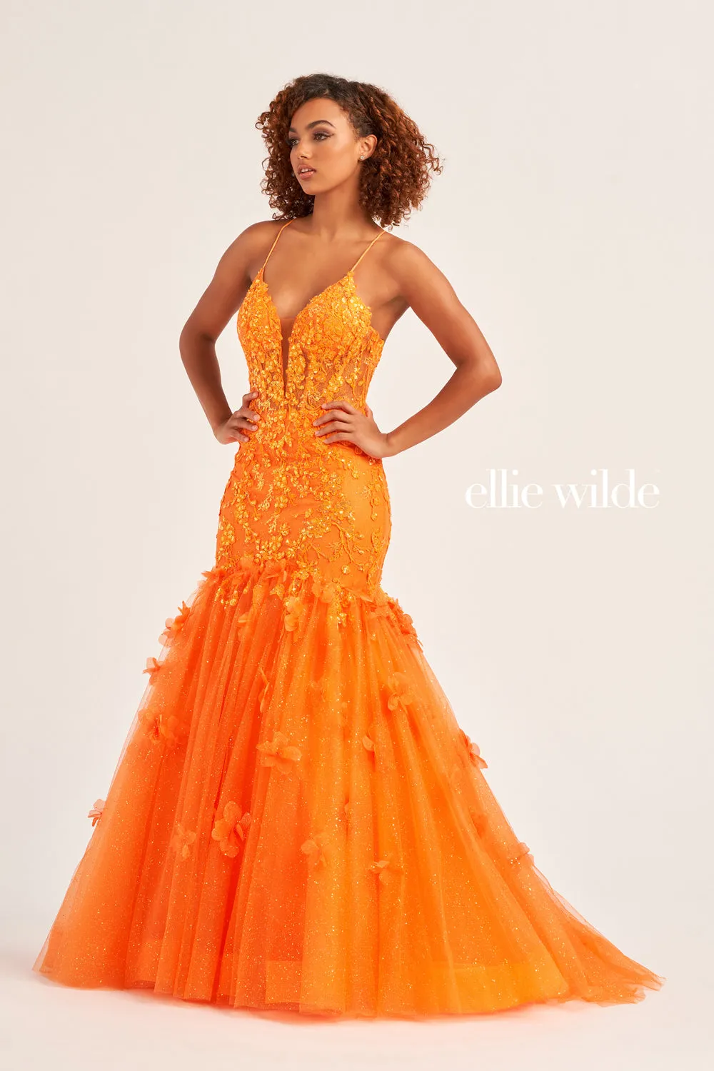 Ellie Wilde EW35080 Sheer Lace Corset Sequin Mermaid Prom Dress Shimmer Formal Gown