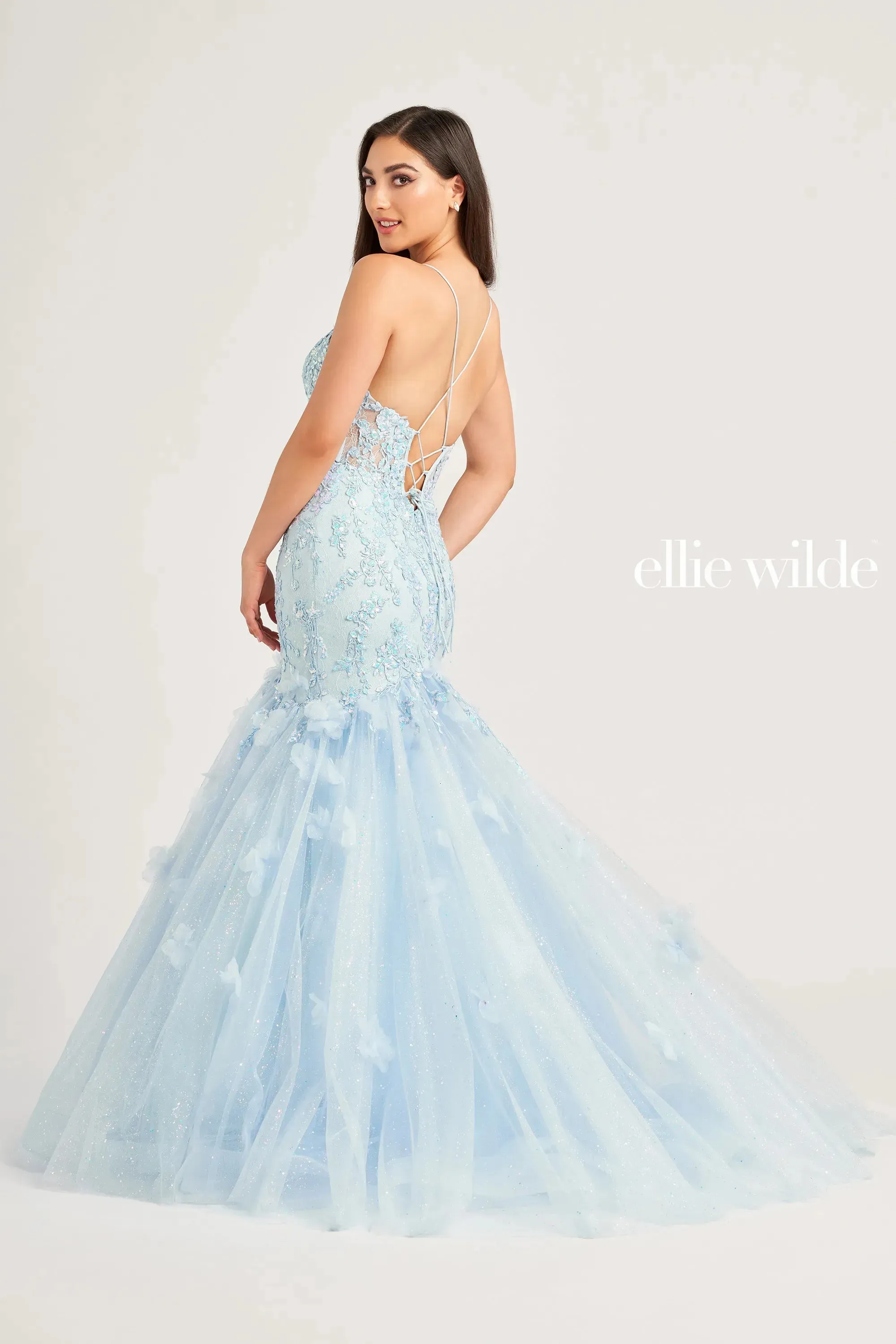 Ellie Wilde EW35080 Sheer Lace Corset Sequin Mermaid Prom Dress Shimmer Formal Gown