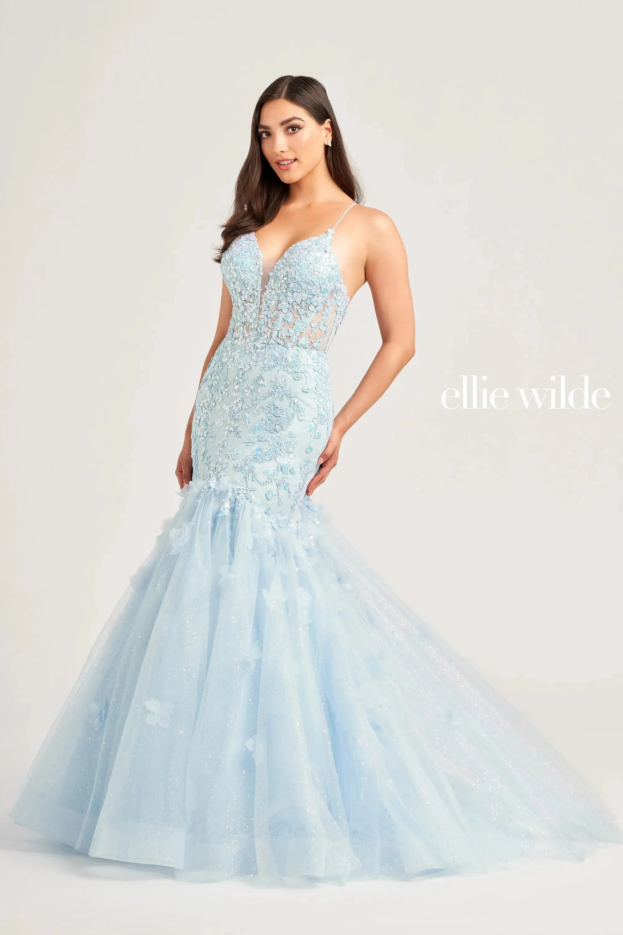 Ellie Wilde EW35080 Sheer Lace Corset Sequin Mermaid Prom Dress Shimmer Formal Gown