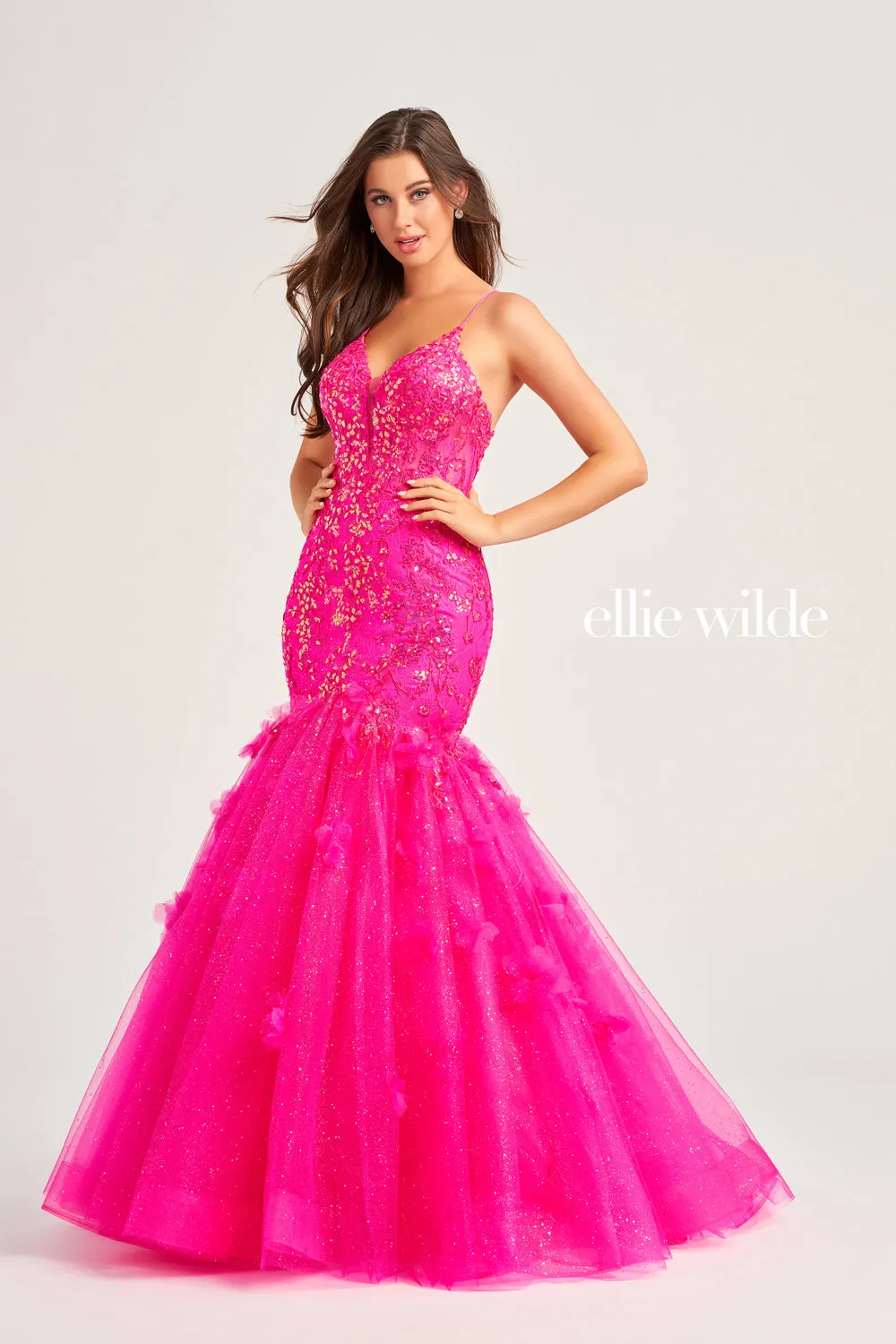 Ellie Wilde EW35080 Sheer Lace Corset Sequin Mermaid Prom Dress Shimmer Formal Gown