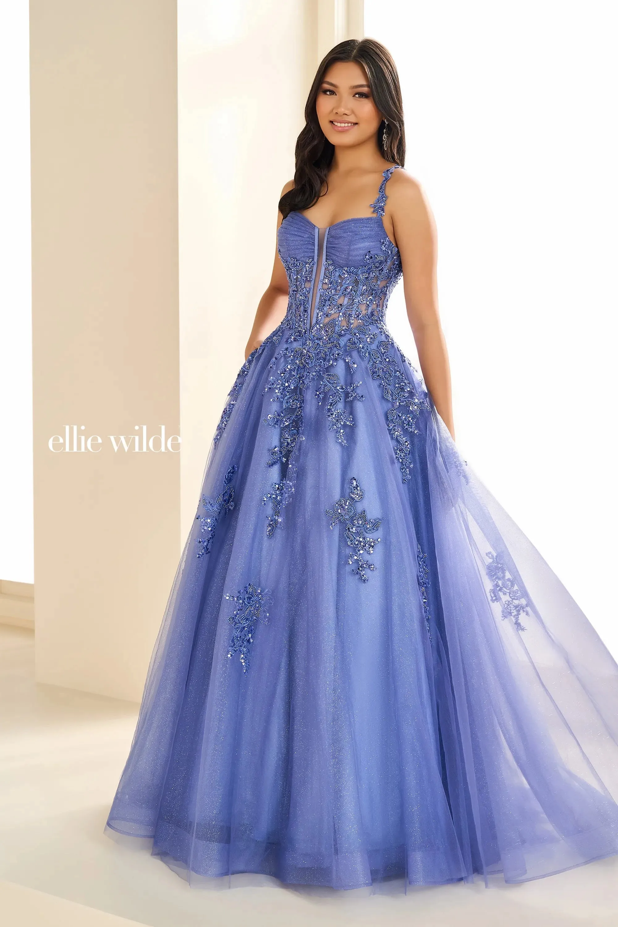 Ellie Wilde EW36202 Size 2 Lilac Long Shimmer Sheer Corset Prom Dress Sequin Lace Formal Ball Gown