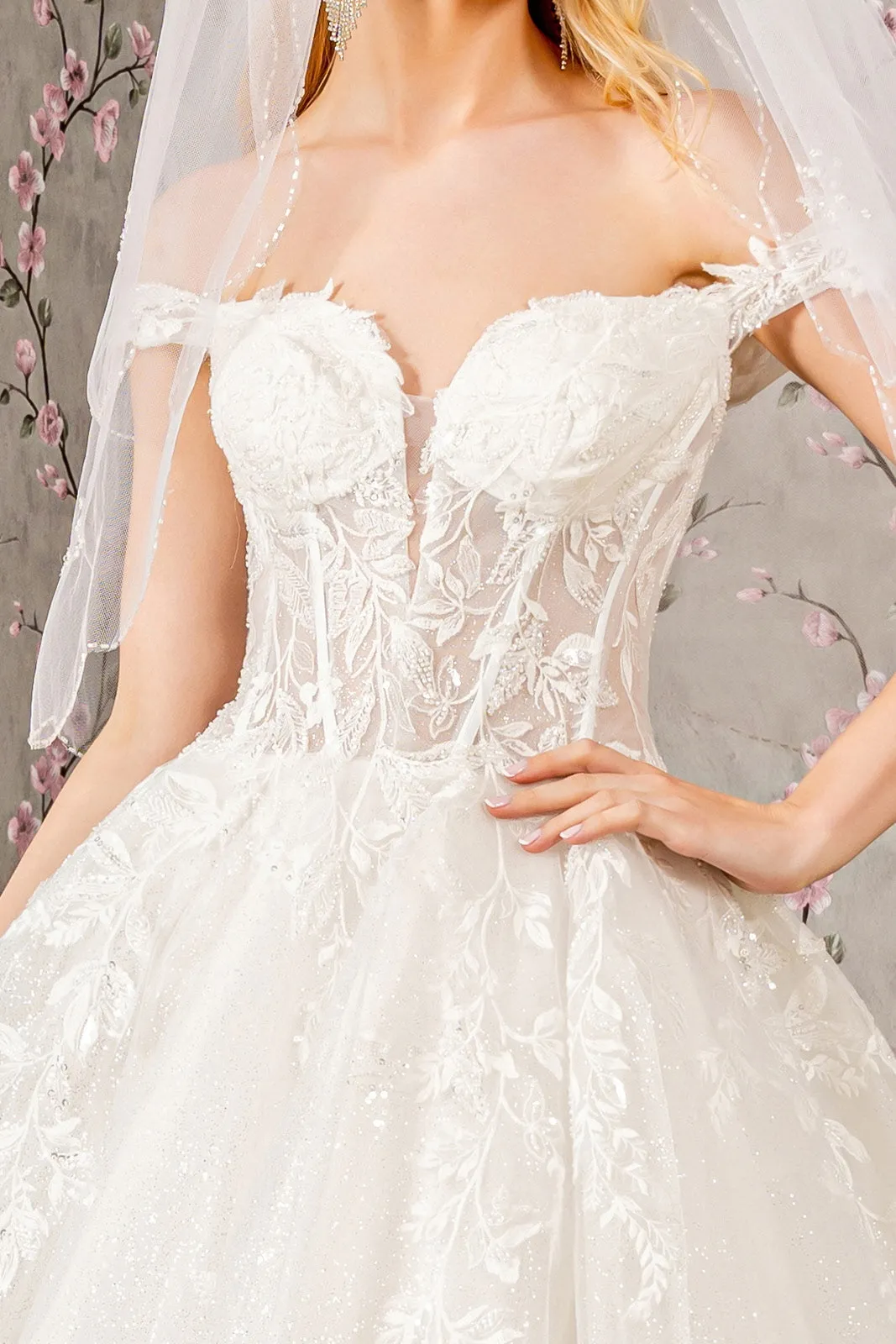 Embroidery Sheer Bodice Off Shoulder Mesh A-line Long Wedding Dress GLGL3489