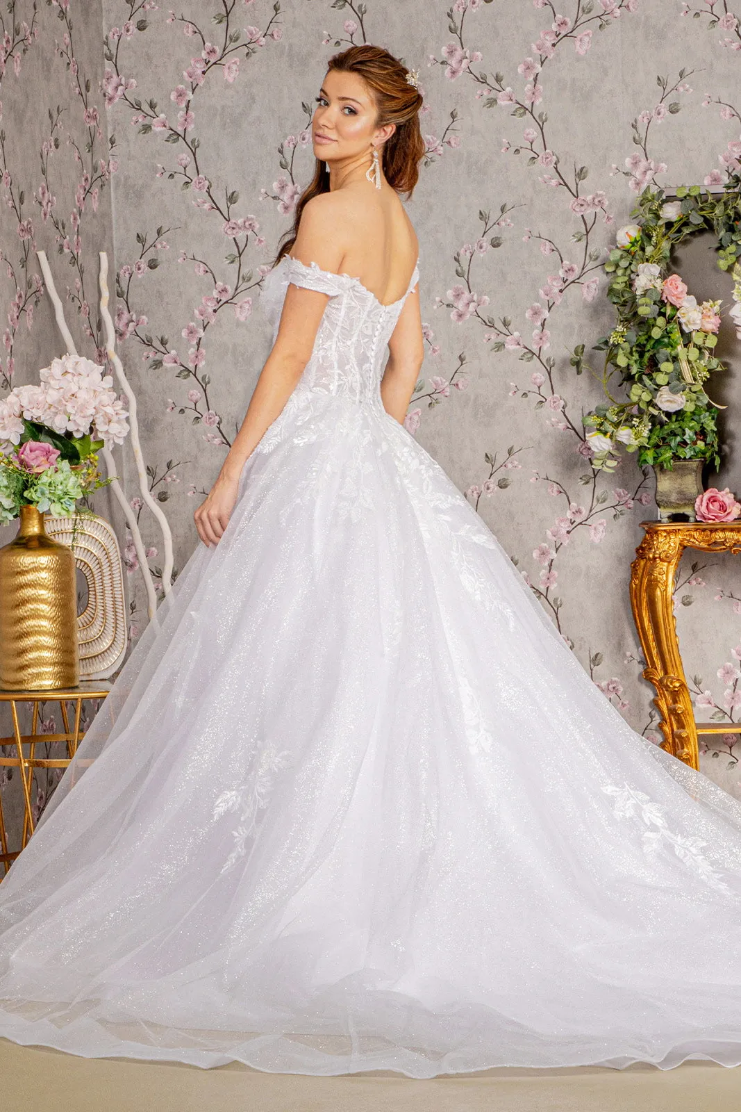 Embroidery Sheer Bodice Off Shoulder Mesh A-line Long Wedding Dress GLGL3489