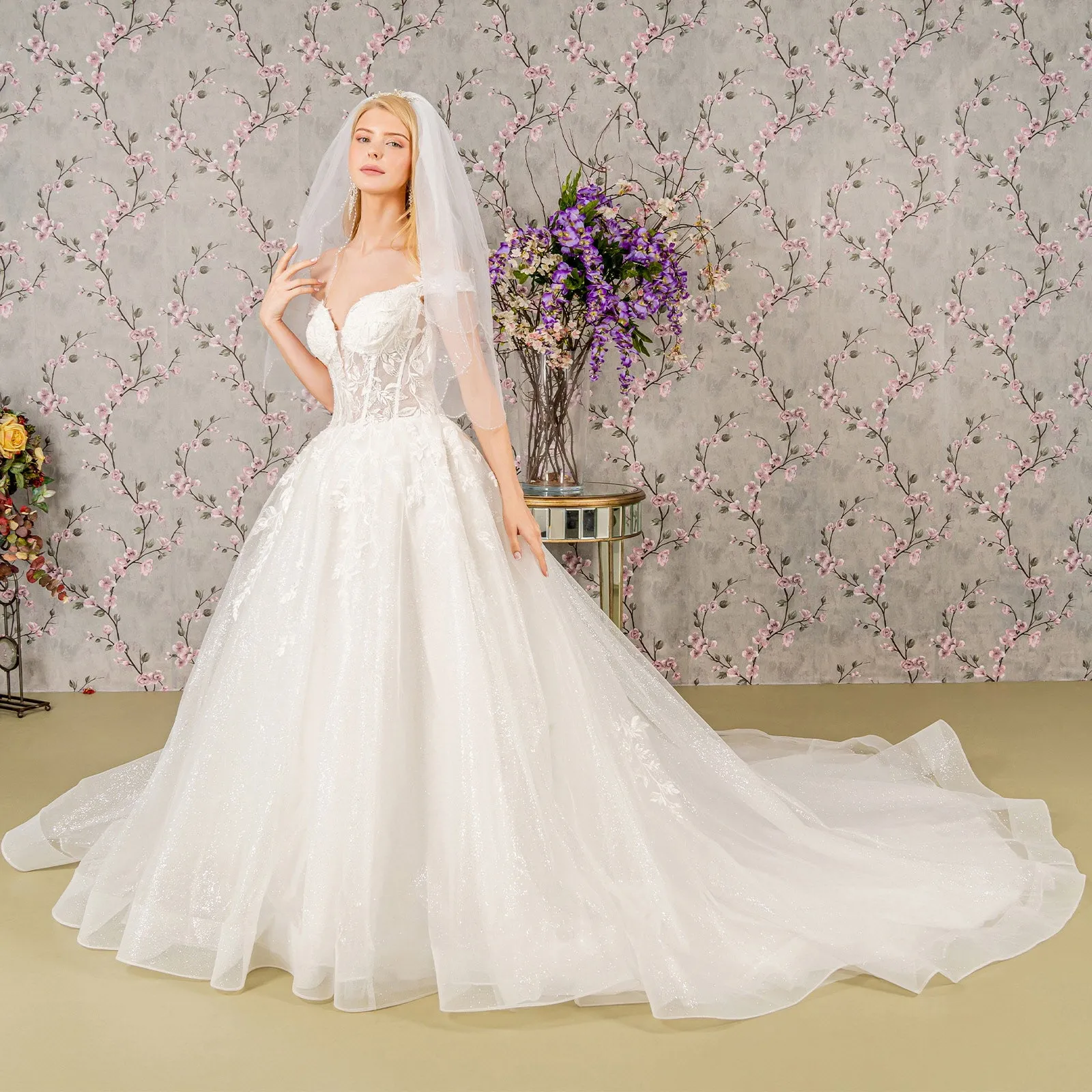 Embroidery Sheer Bodice Off Shoulder Mesh A-line Long Wedding Dress GLGL3489