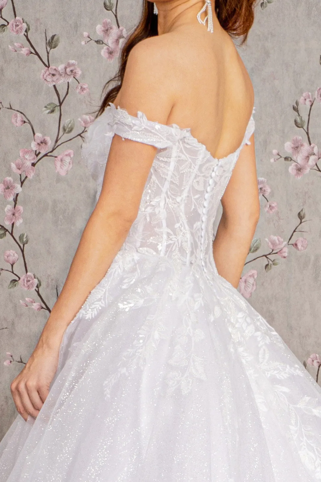 Embroidery Sheer Bodice Off Shoulder Mesh A-line Long Wedding Dress GLGL3489