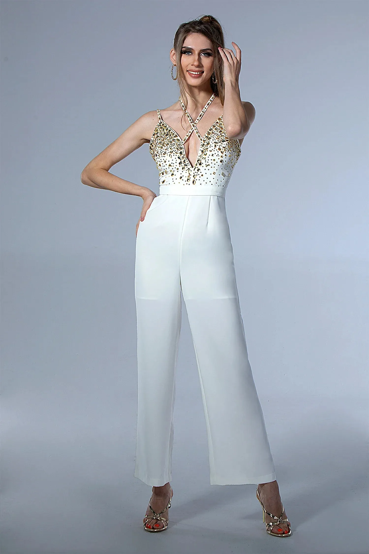 Europa Halter Bead Sequin Jumpsuit