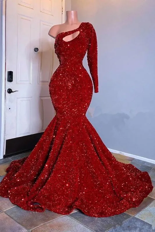 Glamorous Red Long Sleeves One-Shoulder Mermaid Prom Dress Sequins