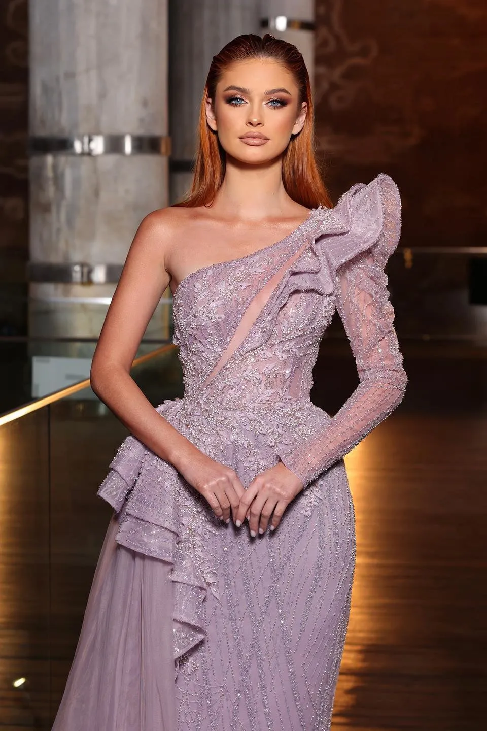 Gorgeous One Shoulder Long Sleeve Sequined A-line Prom Dress With Ruffles