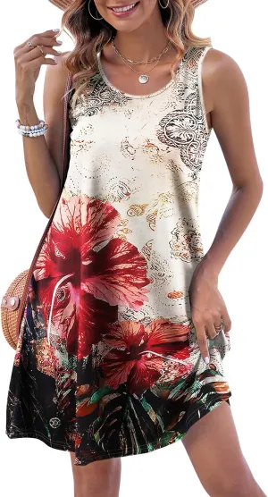 Halife Womens Summer Dresses Casual Sleeveless Tshirt Sundresses Vacation Beach Cover Up Dress with Pockets