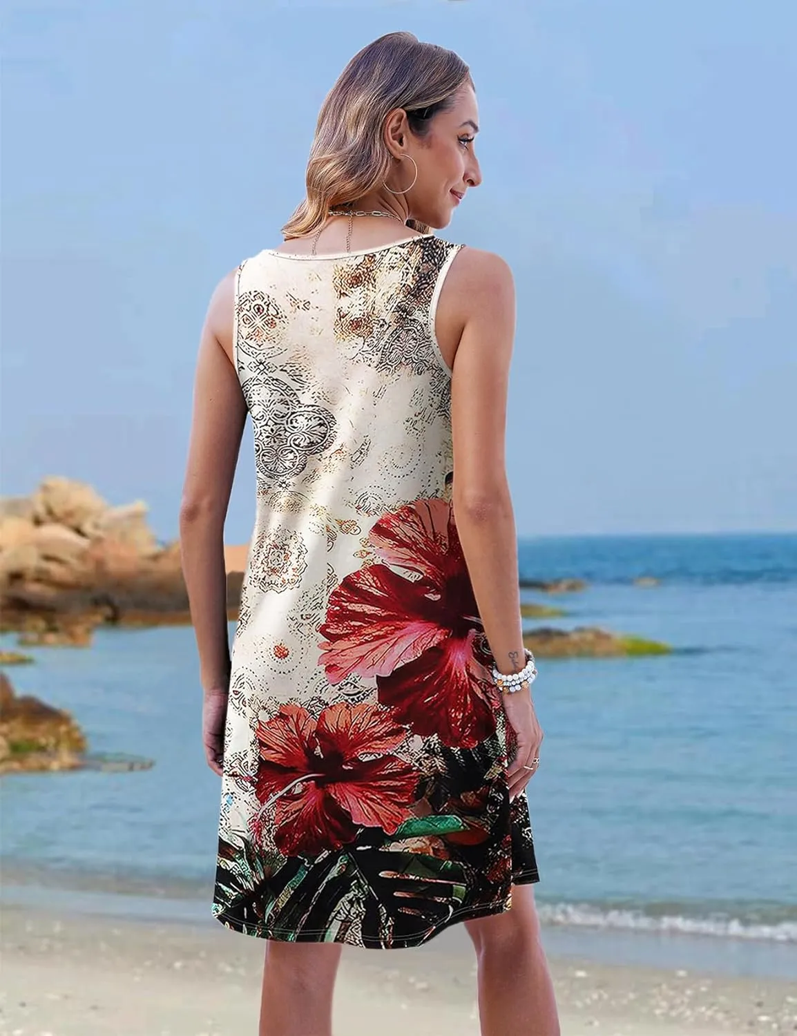 Halife Womens Summer Dresses Casual Sleeveless Tshirt Sundresses Vacation Beach Cover Up Dress with Pockets