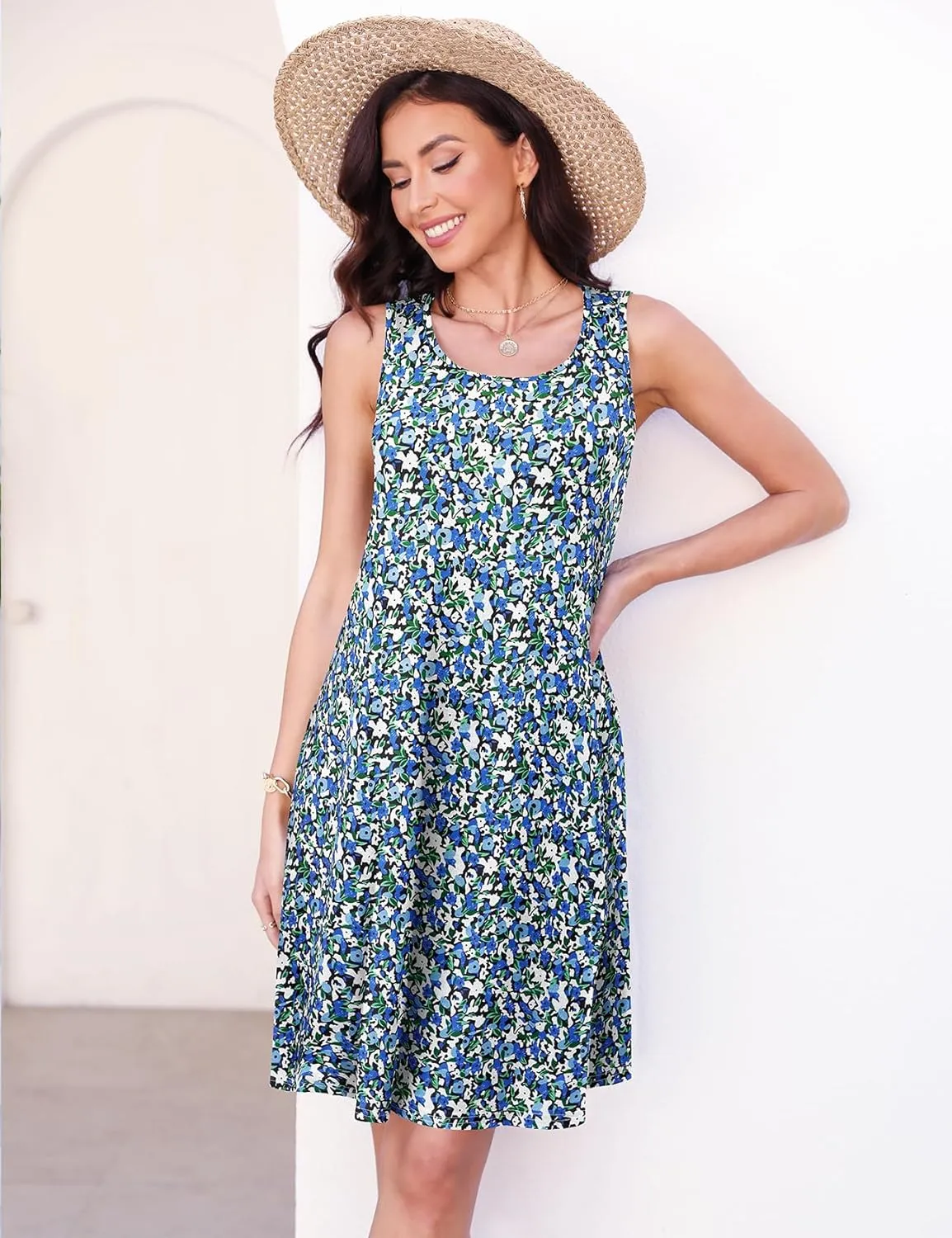 Halife Womens Summer Dresses Casual Sleeveless Tshirt Sundresses Vacation Beach Cover Up Dress with Pockets