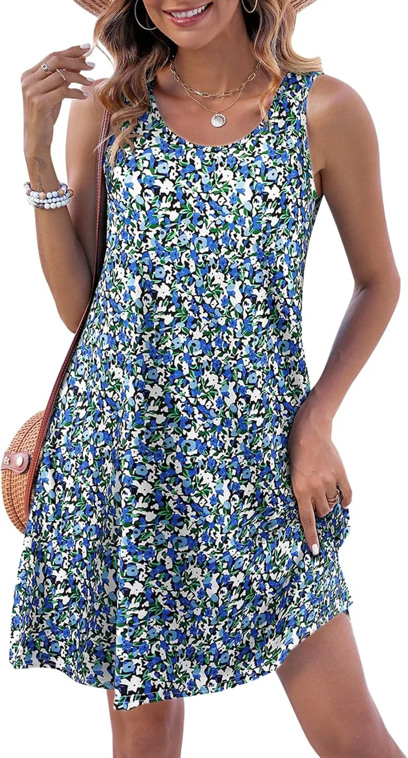 Halife Womens Summer Dresses Casual Sleeveless Tshirt Sundresses Vacation Beach Cover Up Dress with Pockets