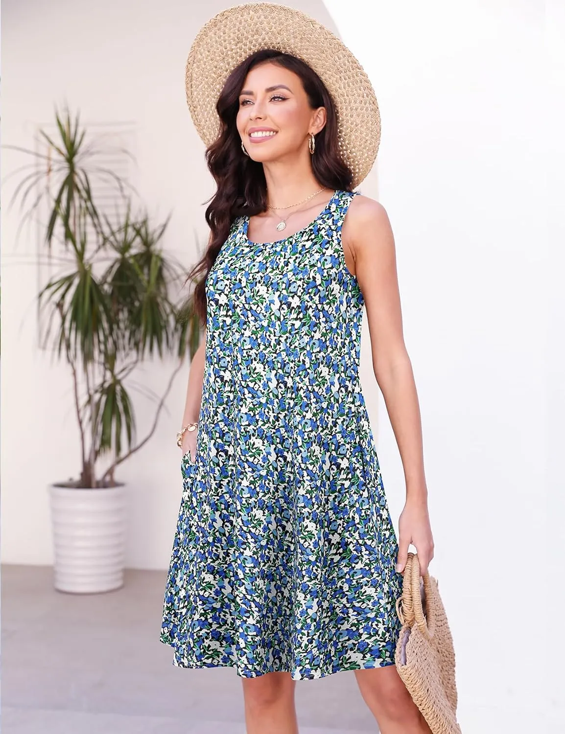 Halife Womens Summer Dresses Casual Sleeveless Tshirt Sundresses Vacation Beach Cover Up Dress with Pockets