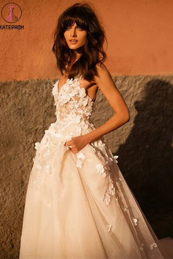 Kateprom A-line Spaghetti Straps Applique Gorgeous Wedding Dress Sweep/Brush Train Modest Bride Gowns KPW0619