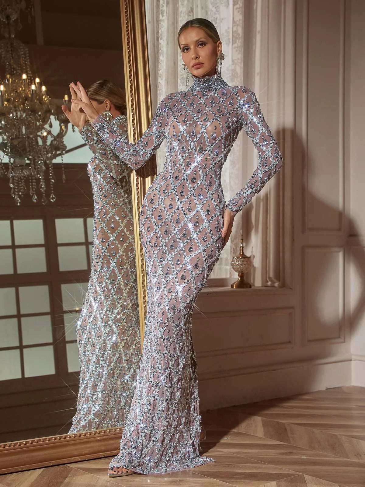 Liora Long Sleeve Sequin Crystal Maxi Dress In Silver