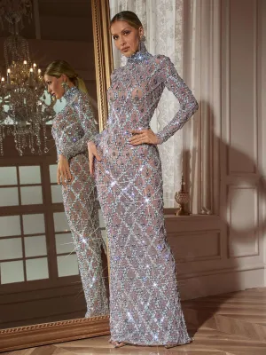 Liora Long Sleeve Sequin Crystal Maxi Dress In Silver