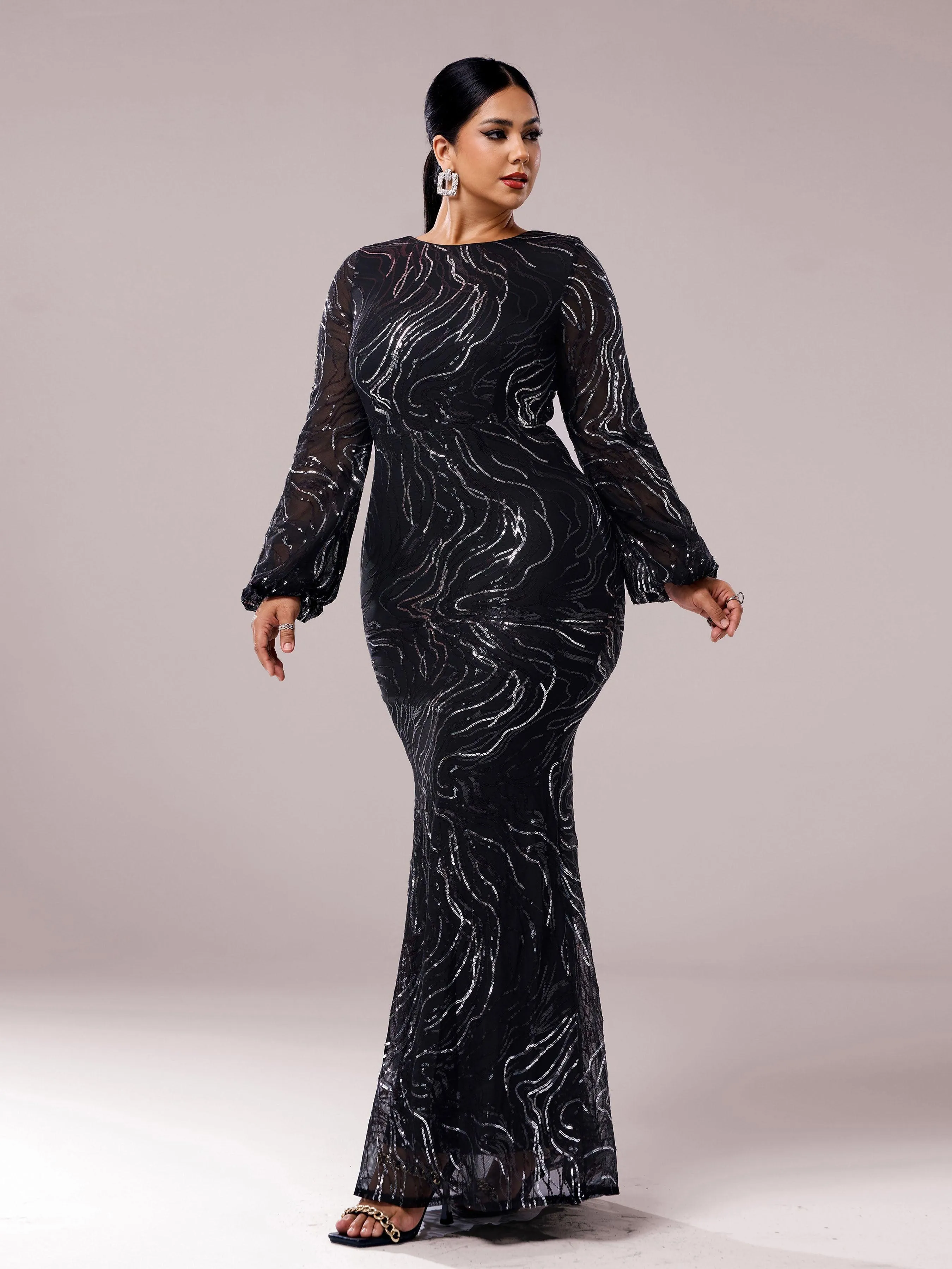 Long Sleeve Maxi Mermaid Sequin Dress XJ1500
