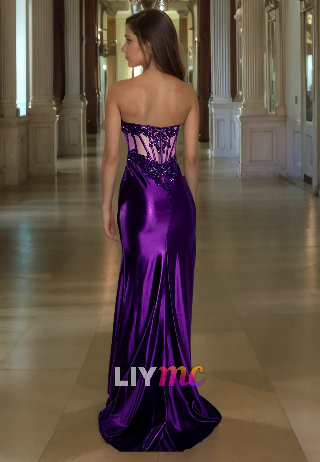 LP1420 - Off-Shoulder Sheer Appliques Sleek Satin High Slit Prom Dress for Black Girls Slay