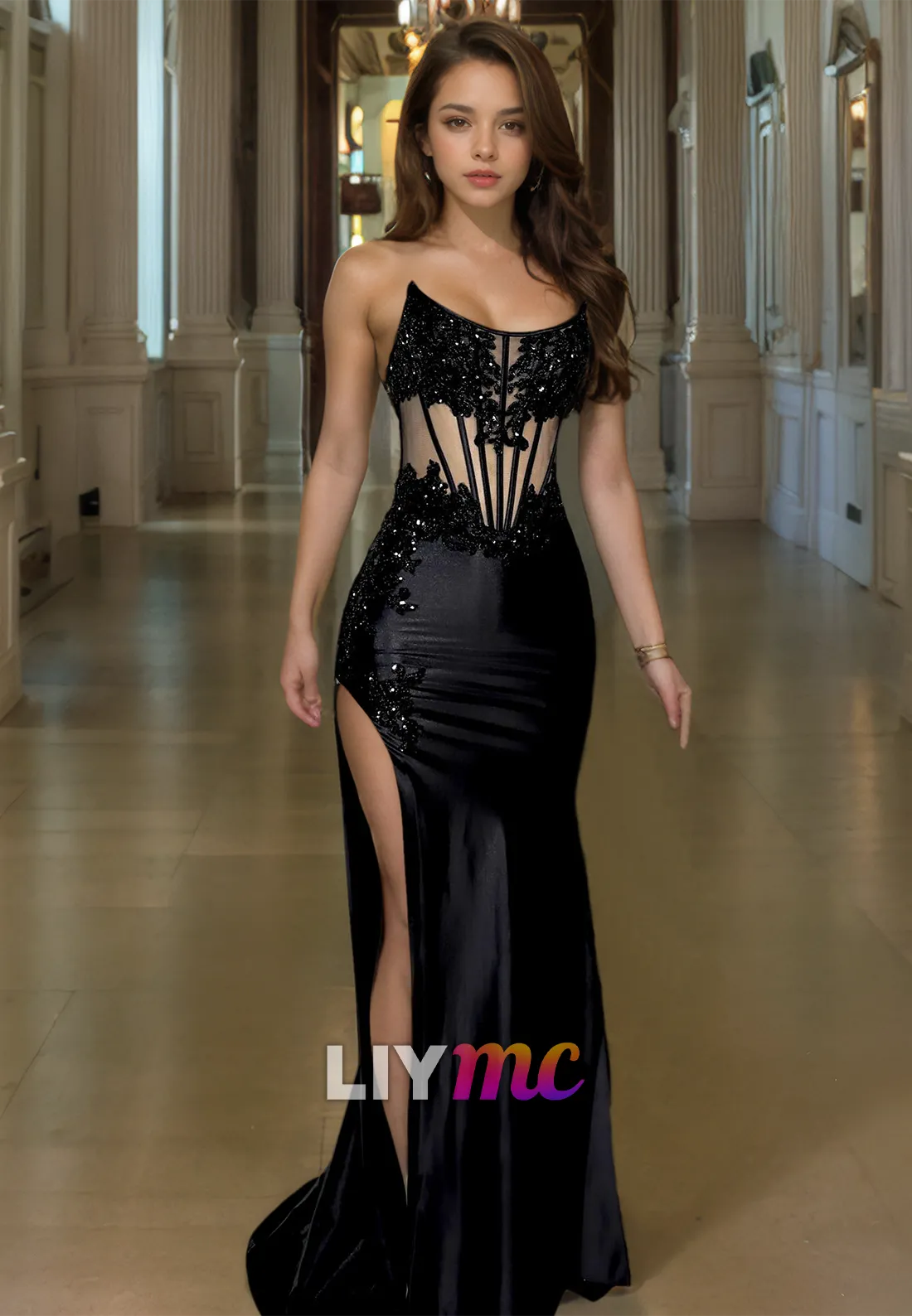 LP1420 - Off-Shoulder Sheer Appliques Sleek Satin High Slit Prom Dress for Black Girls Slay