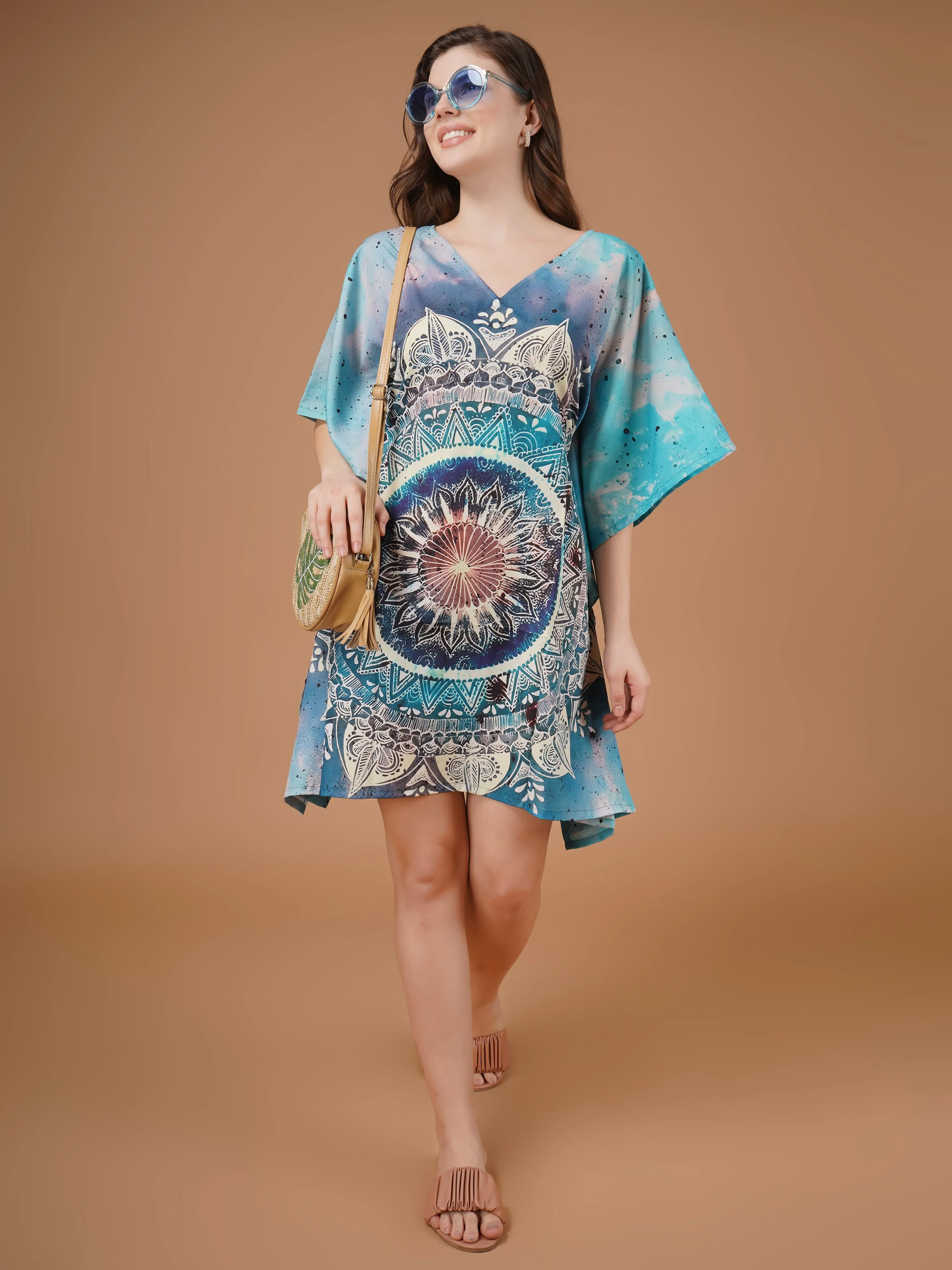Mandala Digital Printed Feather silk Fabric Kaftan Midi Dress
