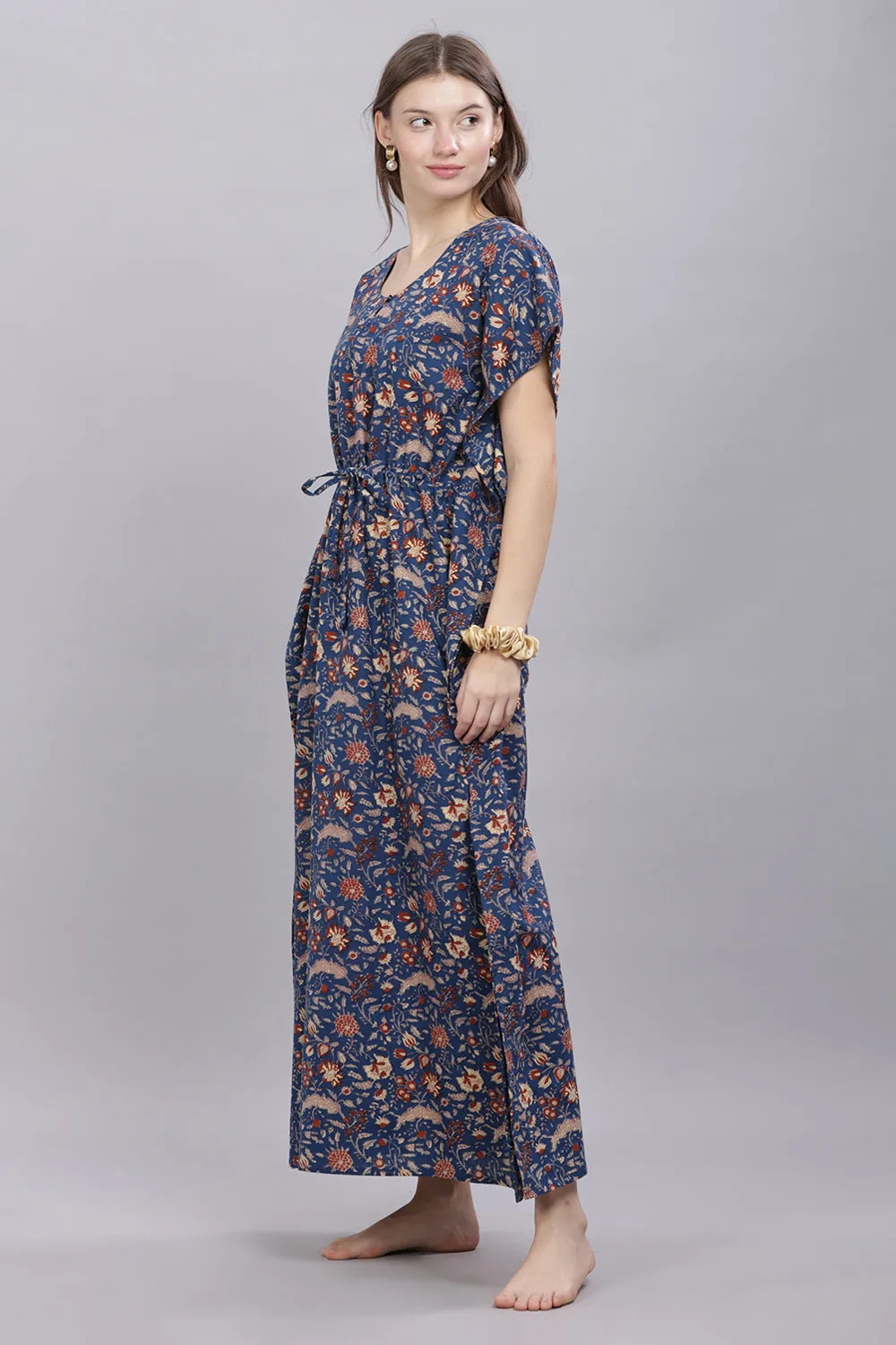 Naidu Hall Round Neck Kaftan Sleeves 100% Cotton Printed Kaftan  Women's Nighty  - Blue - T407