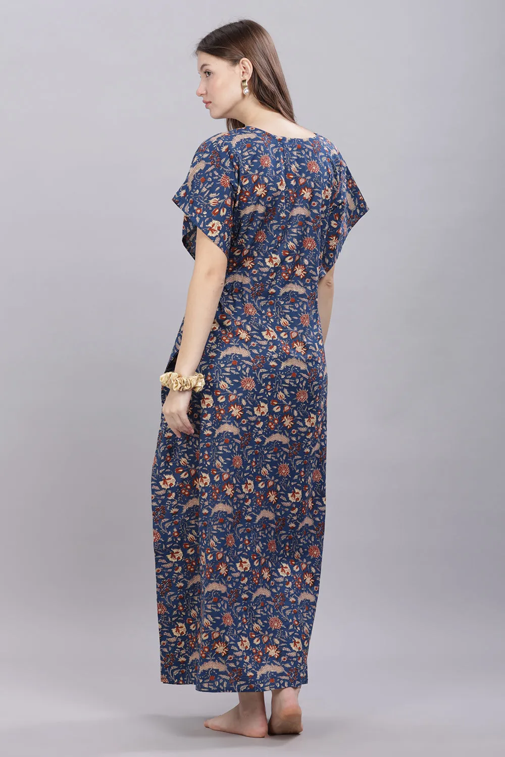 Naidu Hall Round Neck Kaftan Sleeves 100% Cotton Printed Kaftan  Women's Nighty  - Blue - T407