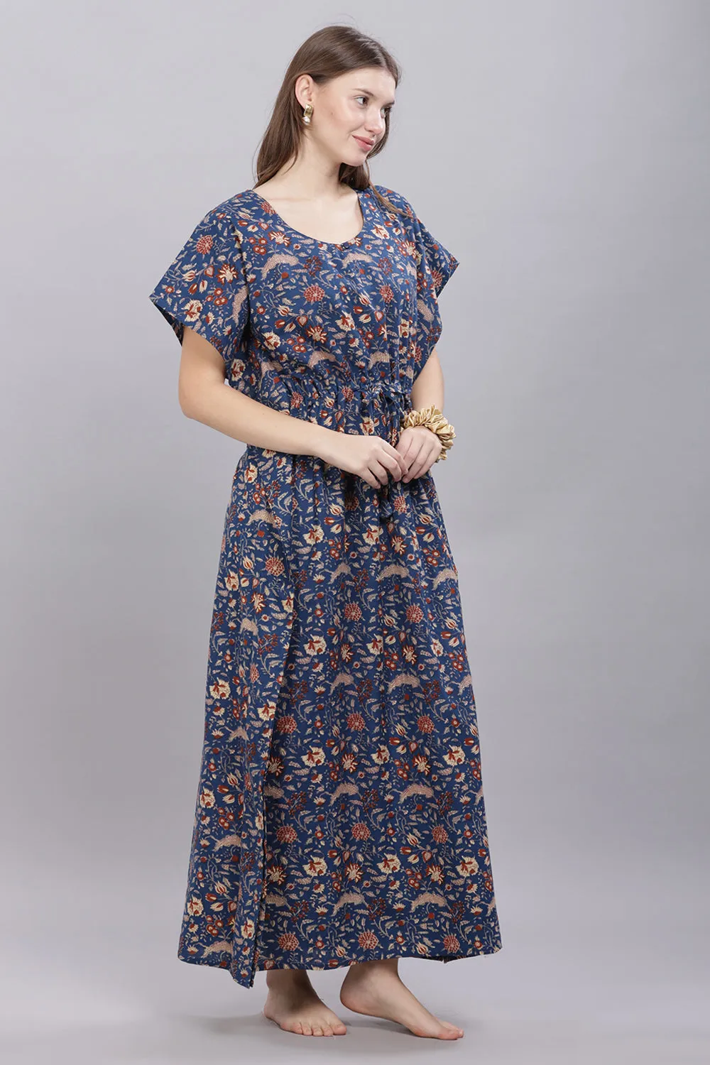 Naidu Hall Round Neck Kaftan Sleeves 100% Cotton Printed Kaftan  Women's Nighty  - Blue - T407