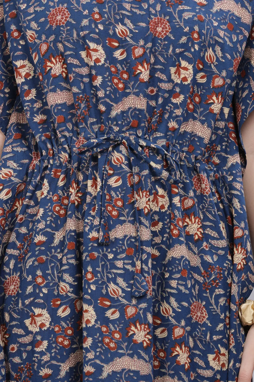 Naidu Hall Round Neck Kaftan Sleeves 100% Cotton Printed Kaftan  Women's Nighty  - Blue - T407