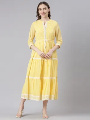 Neerus Yellow Georgette Straight Casual Ethnic Motifs Maxi Dresses