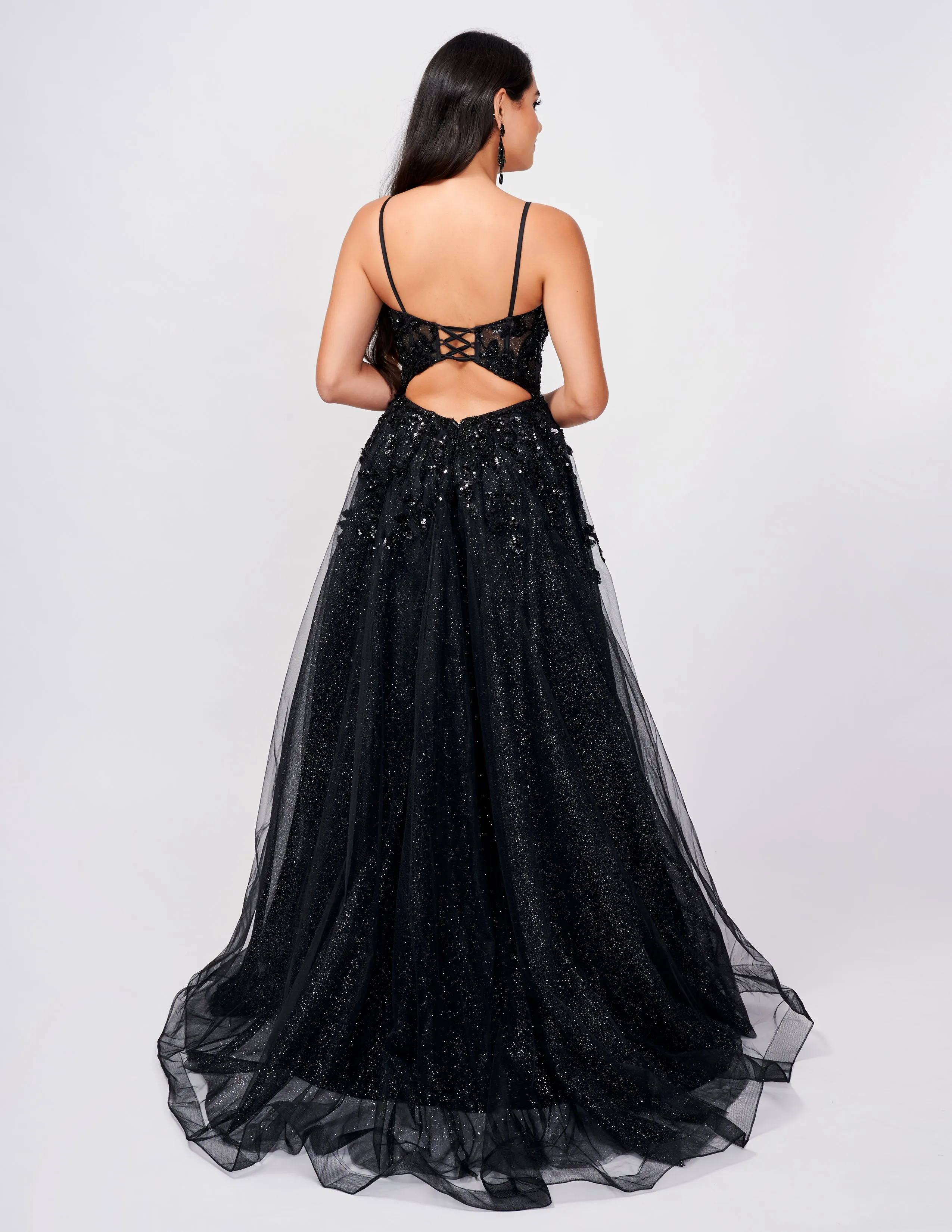 Nina Canacci 3262 Size 14 Black Backless Shimmer Tulle Prom Dress A Line Maxi Slit Lace Corset Sequin
