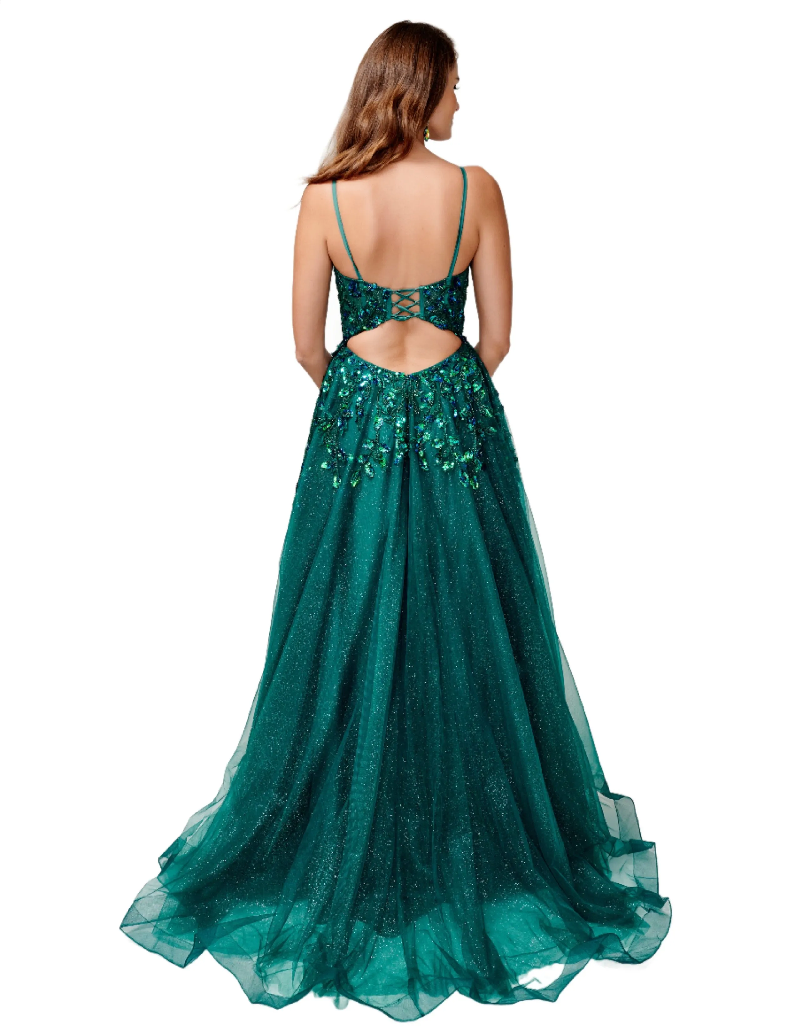 Nina Canacci 3262 Size 14 Black Backless Shimmer Tulle Prom Dress A Line Maxi Slit Lace Corset Sequin