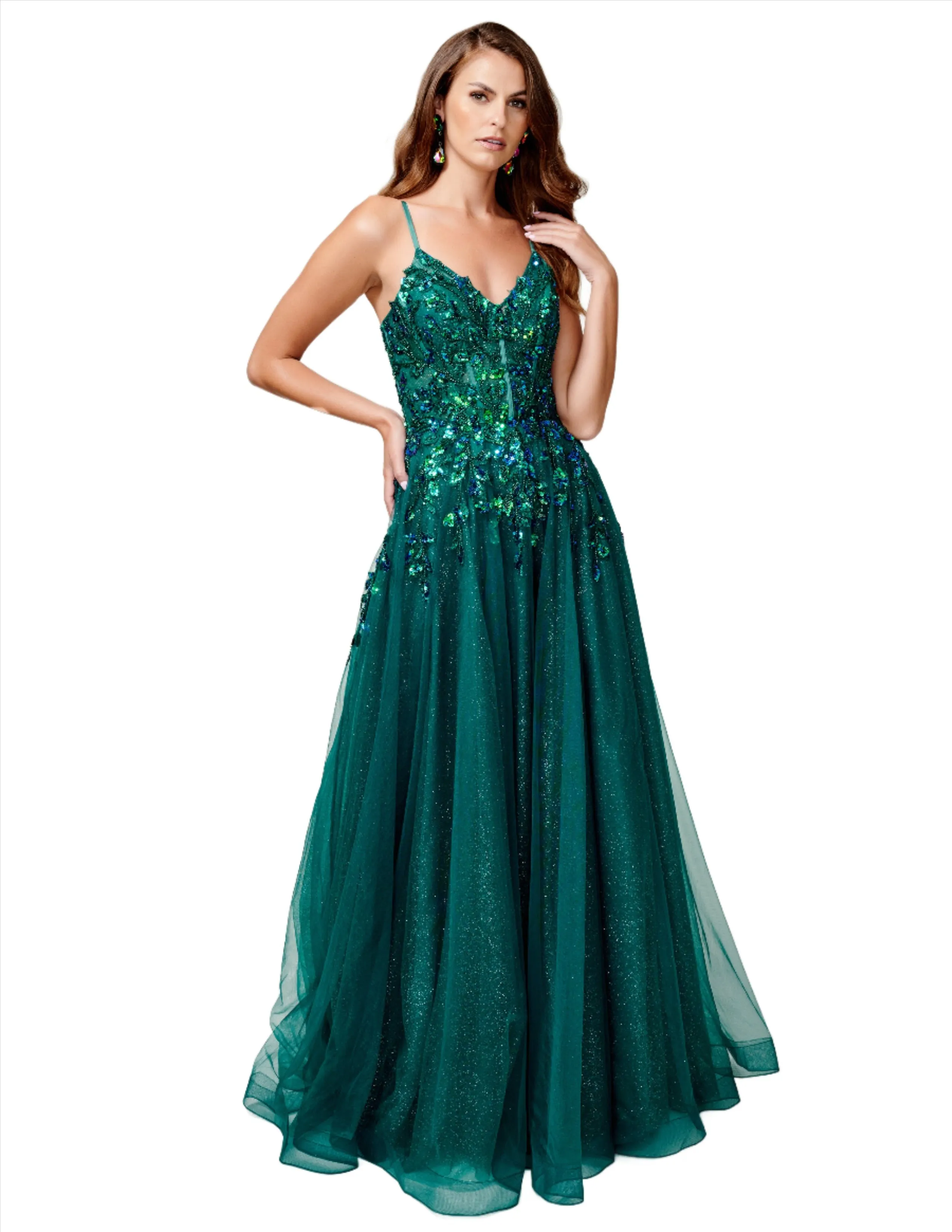 Nina Canacci 3262 Size 14 Black Backless Shimmer Tulle Prom Dress A Line Maxi Slit Lace Corset Sequin