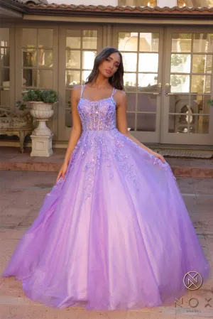 Nox Anabel H1271 A Line Shimmer Prom Dress Sheer Sequin Corset Scoop Neck Ballgown Gown