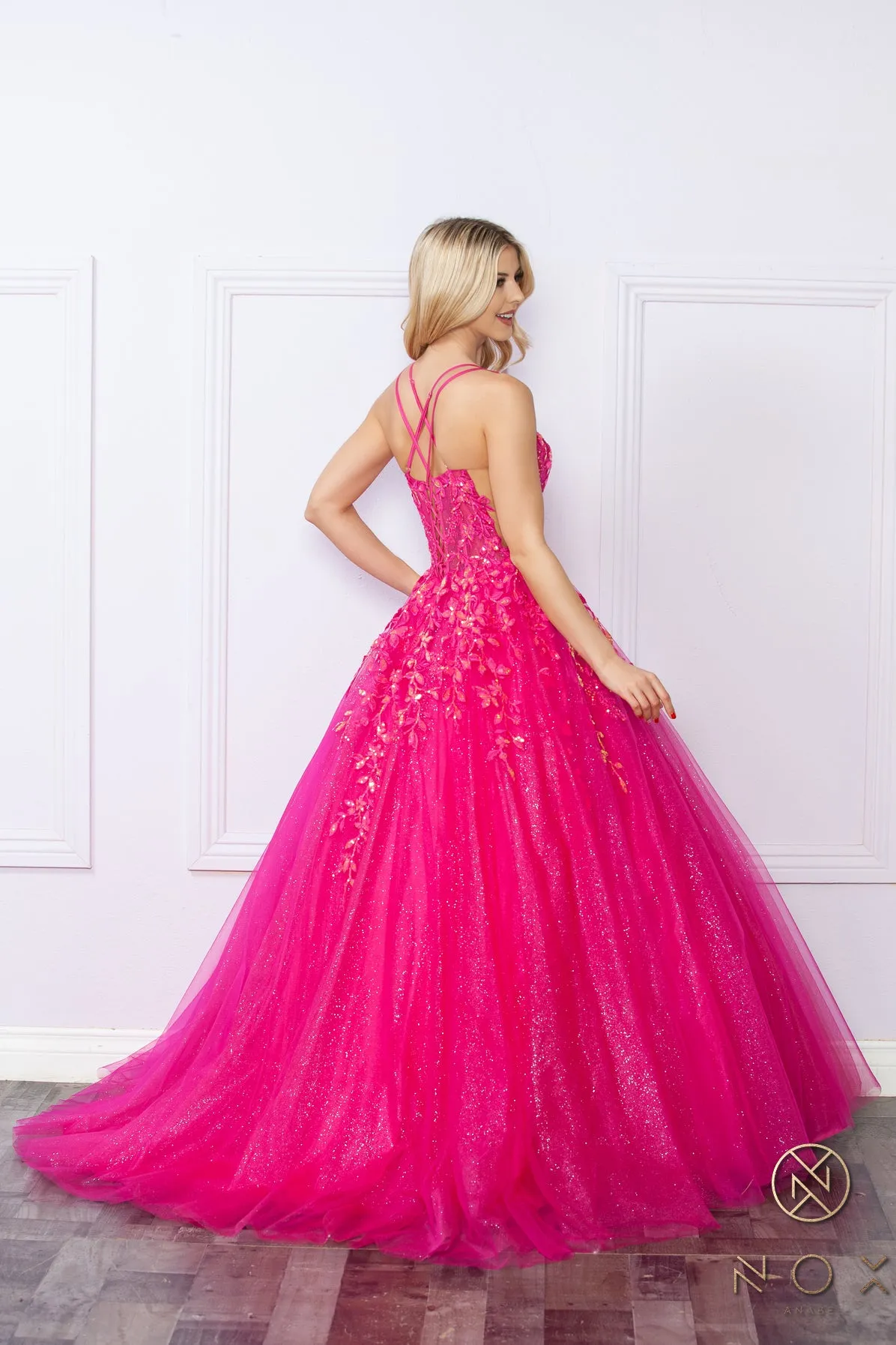 Nox Anabel H1271 A Line Shimmer Prom Dress Sheer Sequin Corset Scoop Neck Ballgown Gown