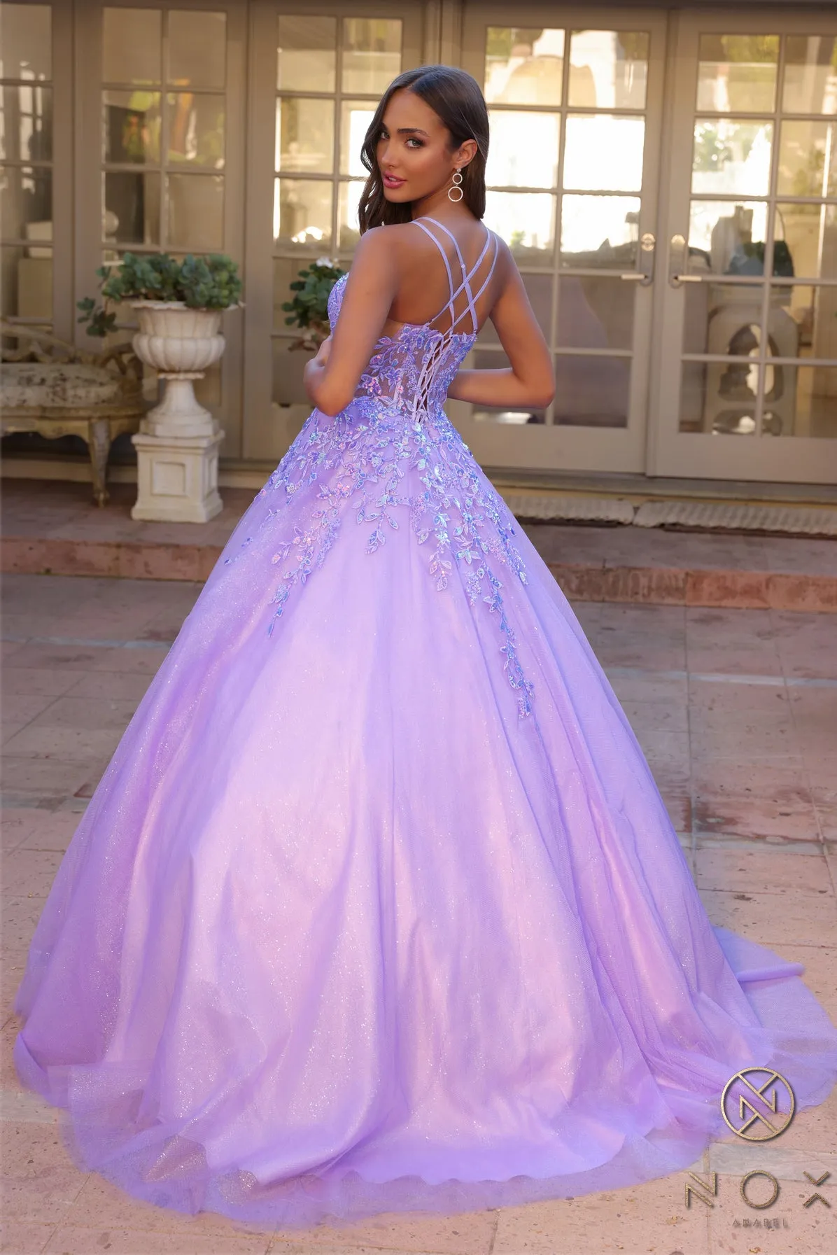 Nox Anabel H1271 A Line Shimmer Prom Dress Sheer Sequin Corset Scoop Neck Ballgown Gown