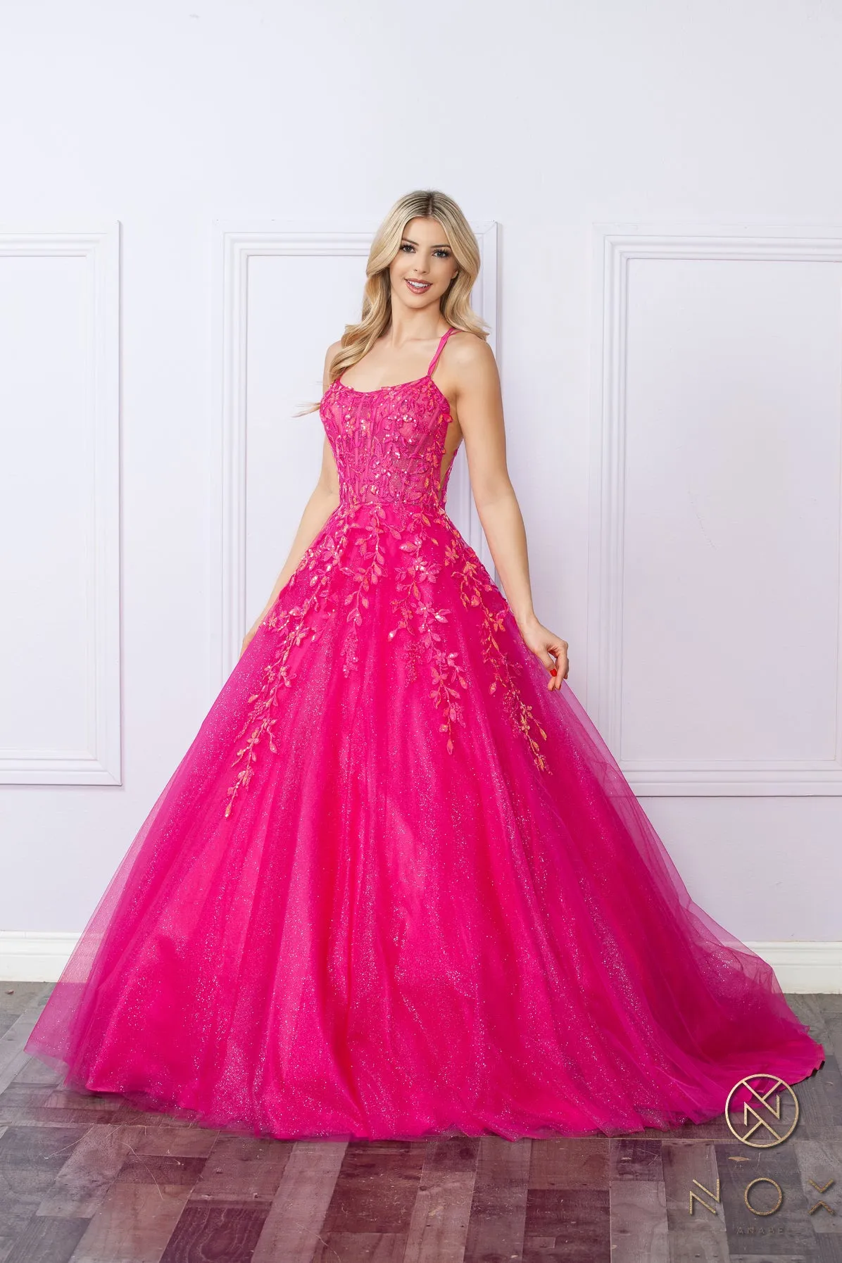 Nox Anabel H1271 A Line Shimmer Prom Dress Sheer Sequin Corset Scoop Neck Ballgown Gown