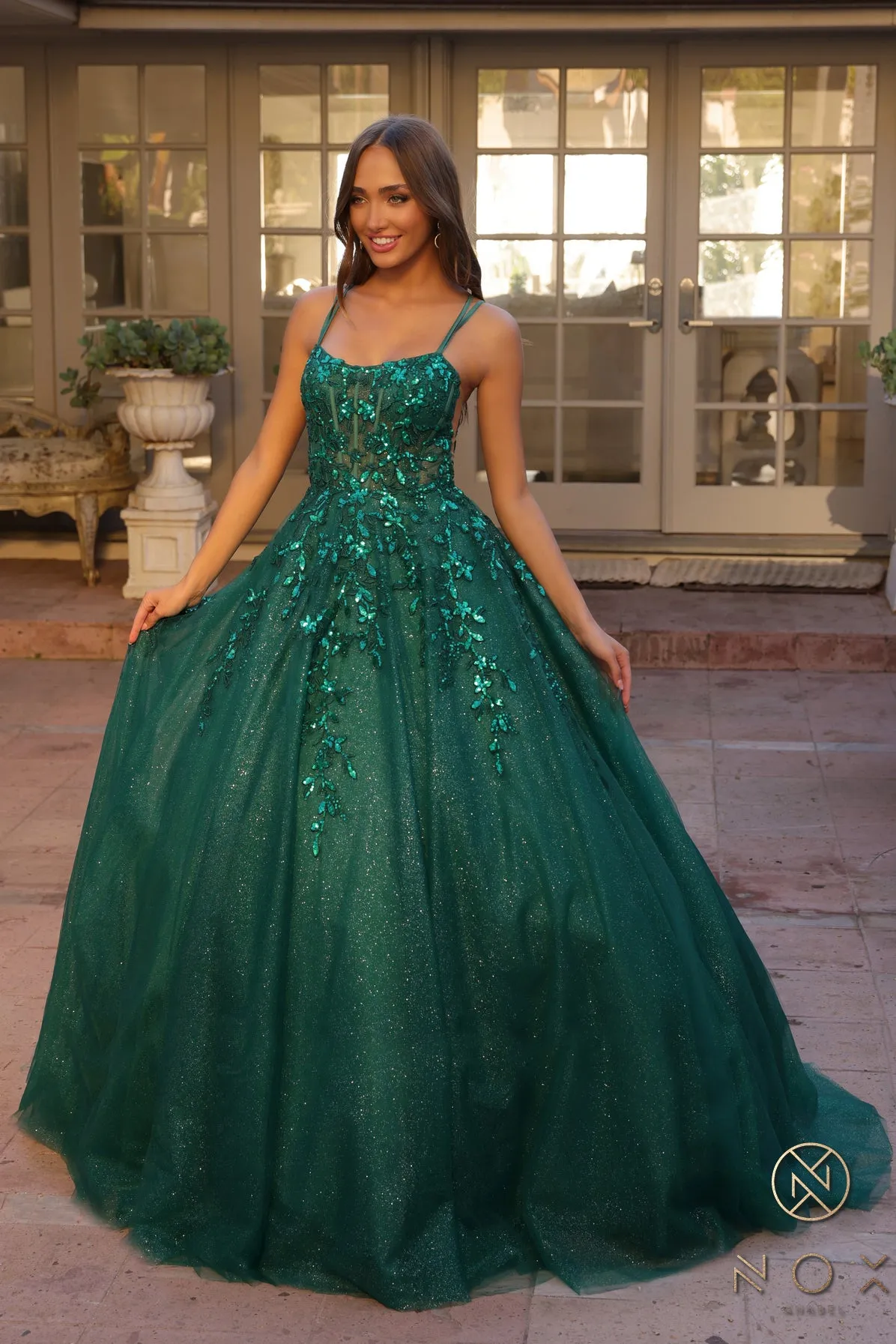 Nox Anabel H1271 A Line Shimmer Prom Dress Sheer Sequin Corset Scoop Neck Ballgown Gown
