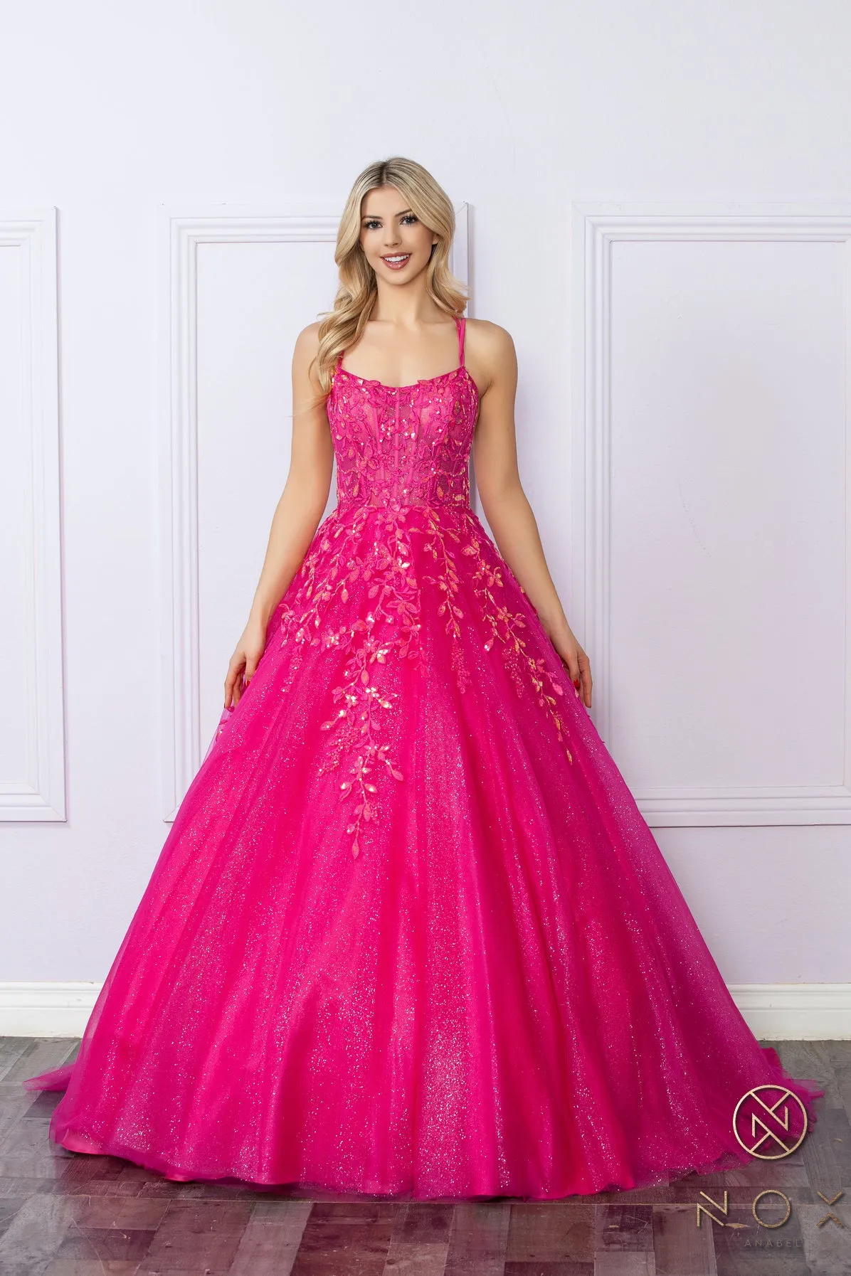 Nox Anabel H1271 A Line Shimmer Prom Dress Sheer Sequin Corset Scoop Neck Ballgown Gown