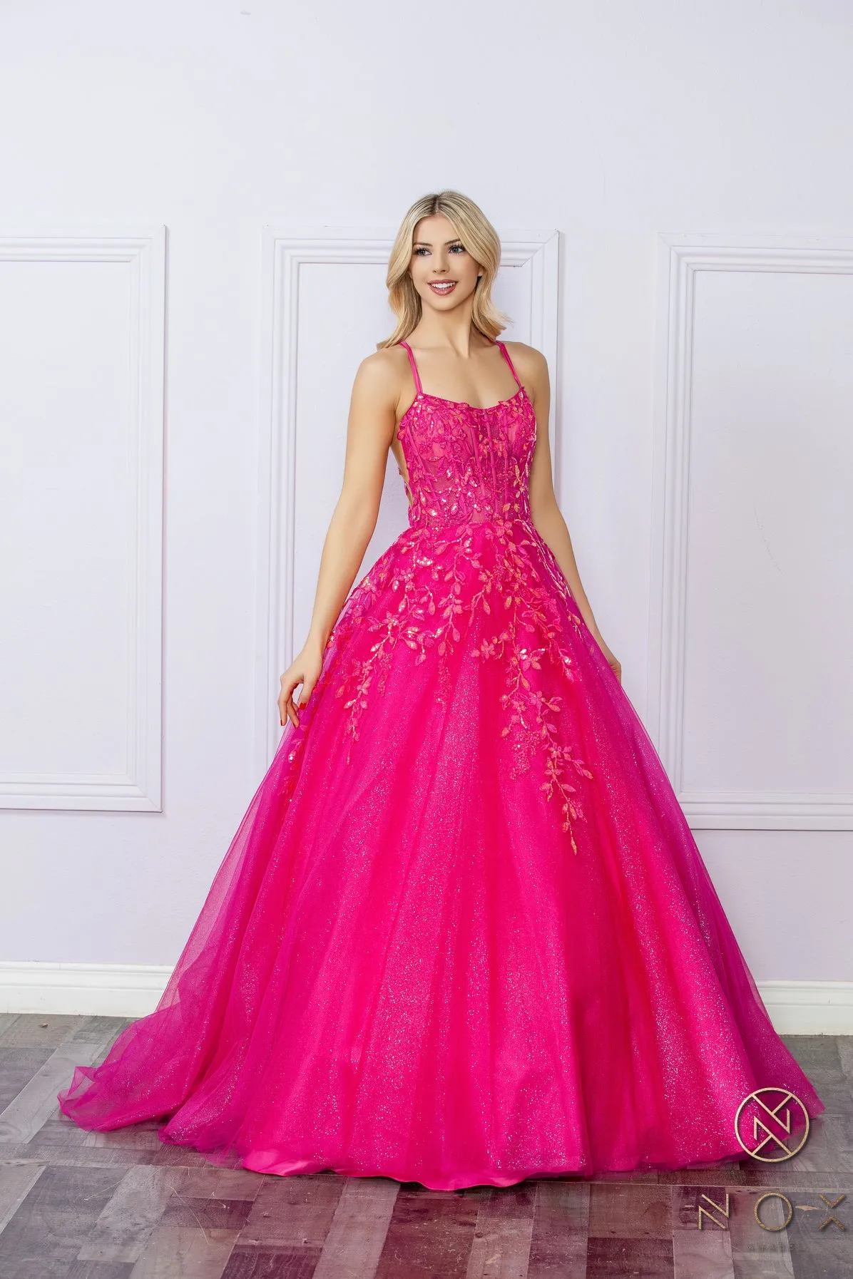 Nox Anabel H1271 A Line Shimmer Prom Dress Sheer Sequin Corset Scoop Neck Ballgown Gown