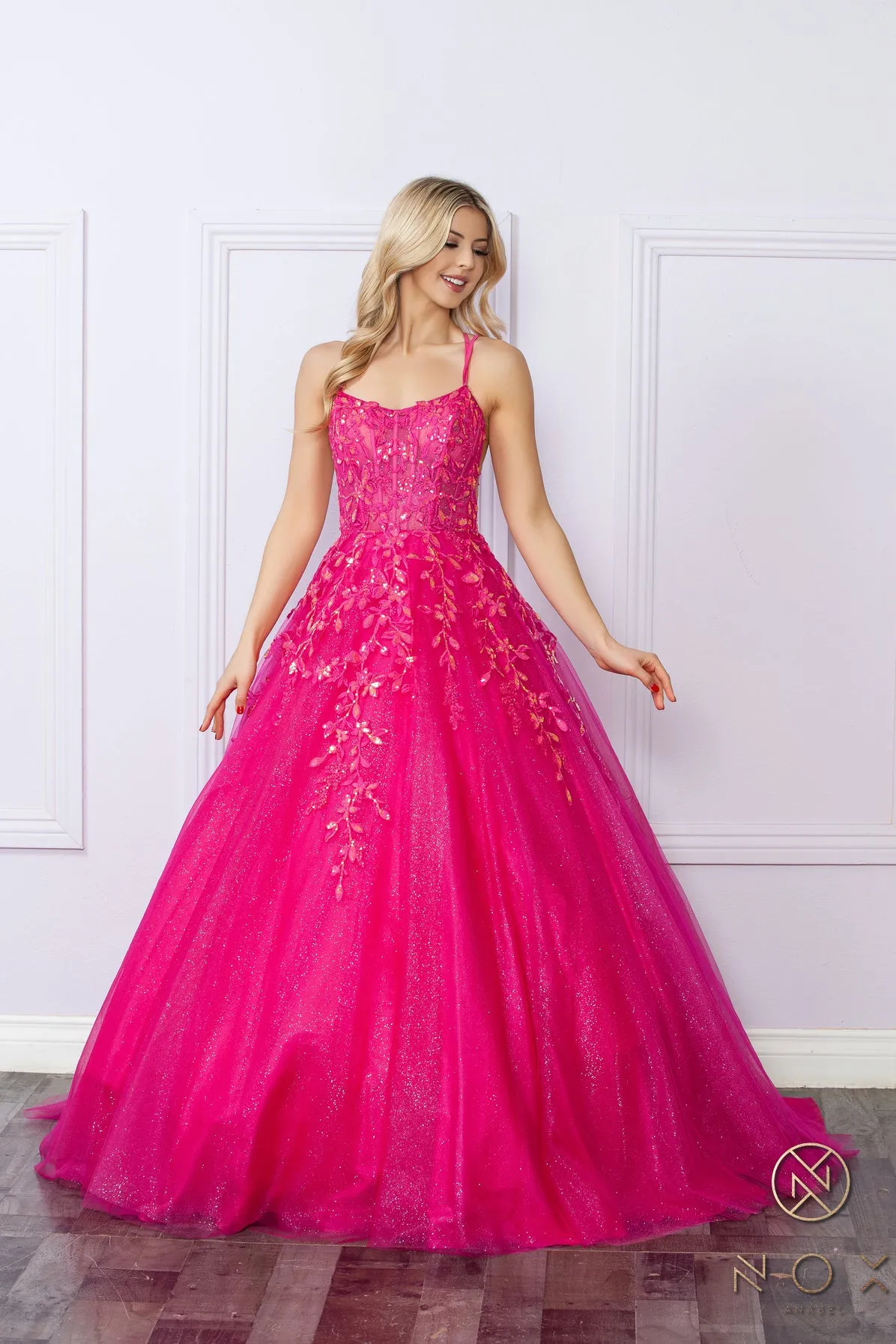 Nox Anabel H1271 A Line Shimmer Prom Dress Sheer Sequin Corset Scoop Neck Ballgown Gown
