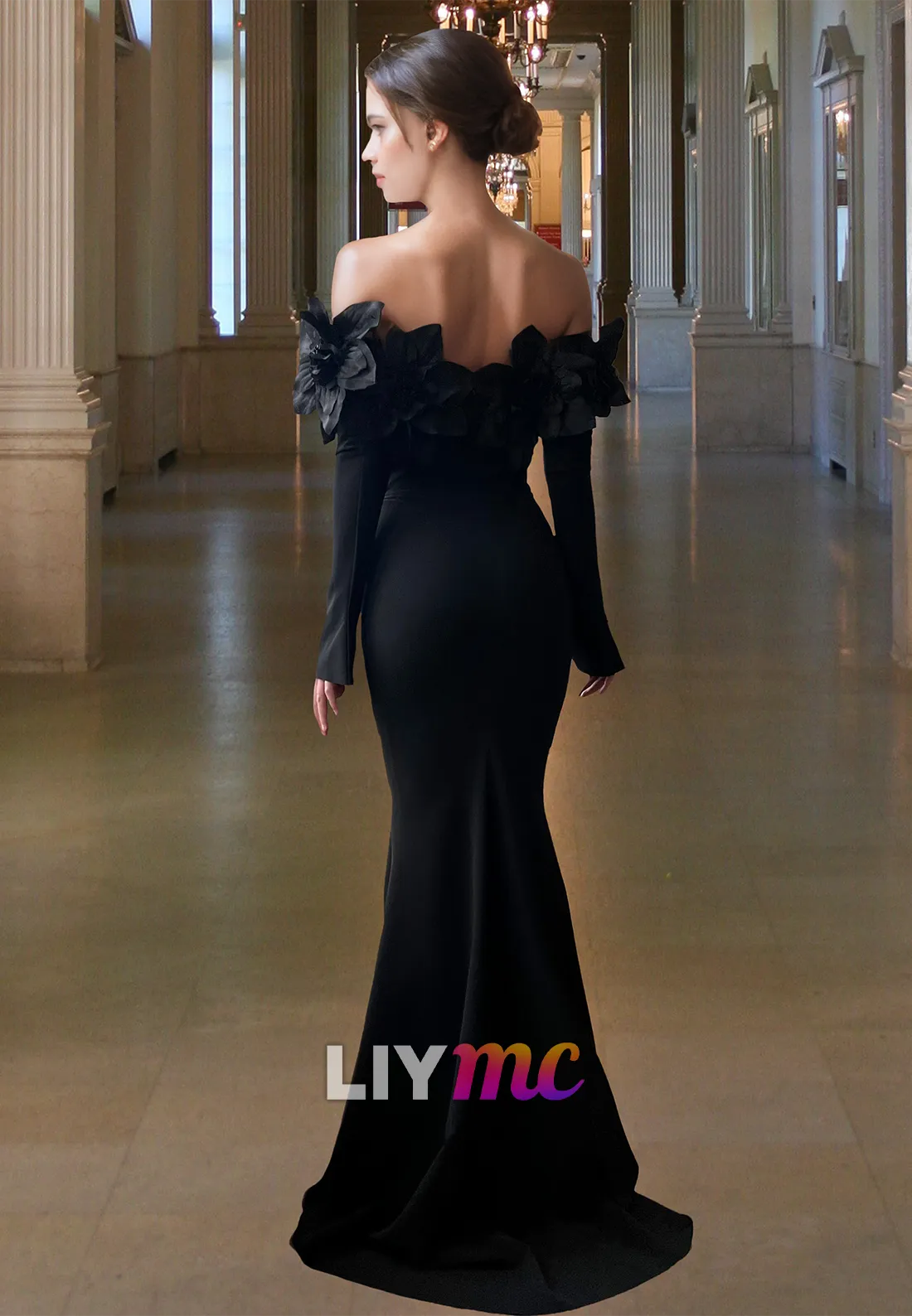 Off-Shoulder Long Sleeves Floral Embellished Mermaid Evening Dress