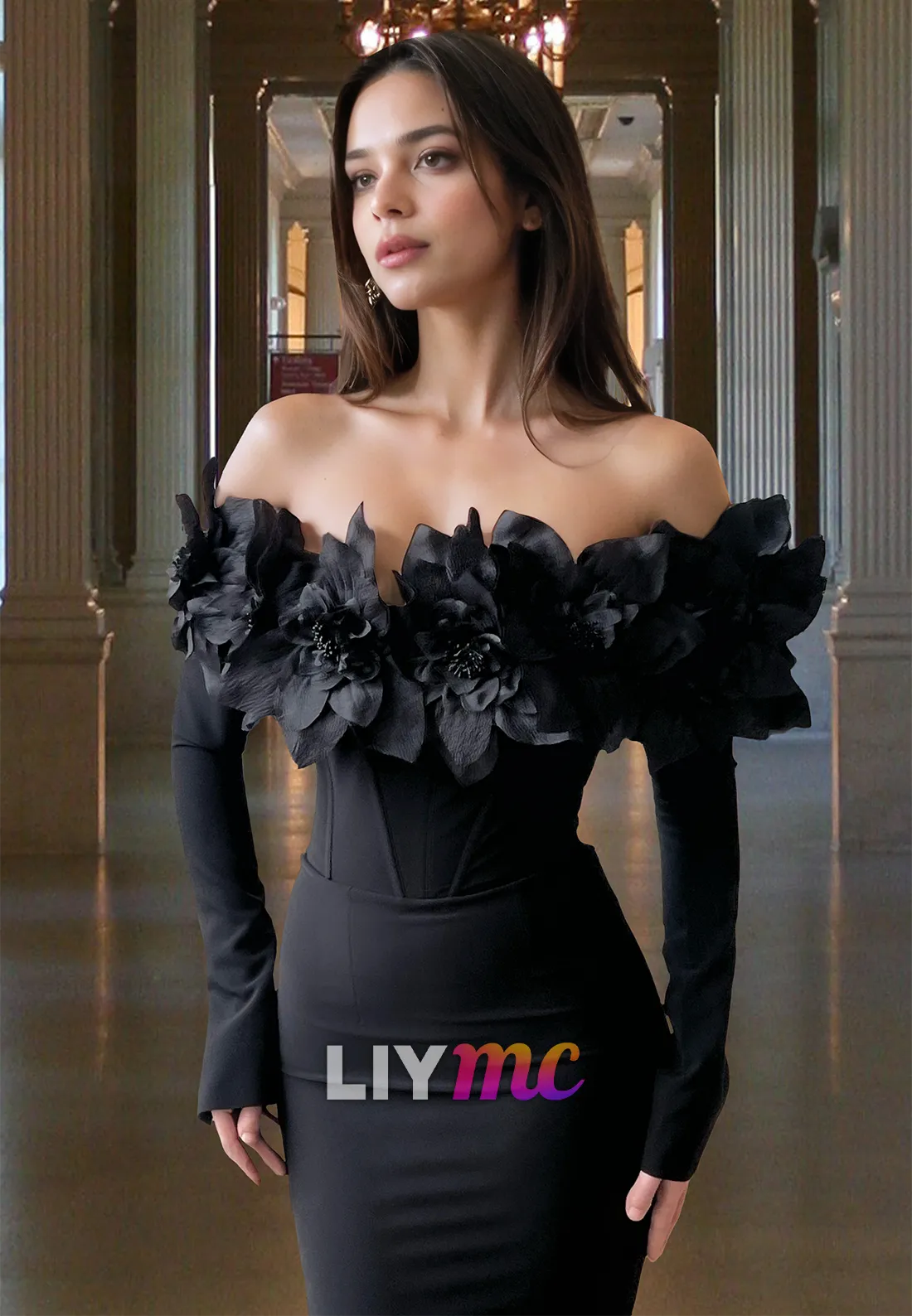 Off-Shoulder Long Sleeves Floral Embellished Mermaid Evening Dress