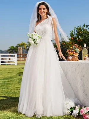 One-Shoulder Backless Tulle Wedding Dress with Front Floral Print