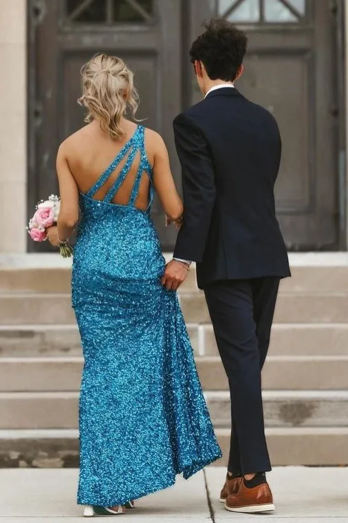 One Shoulder Blue Long Mermaid Prom Dresses